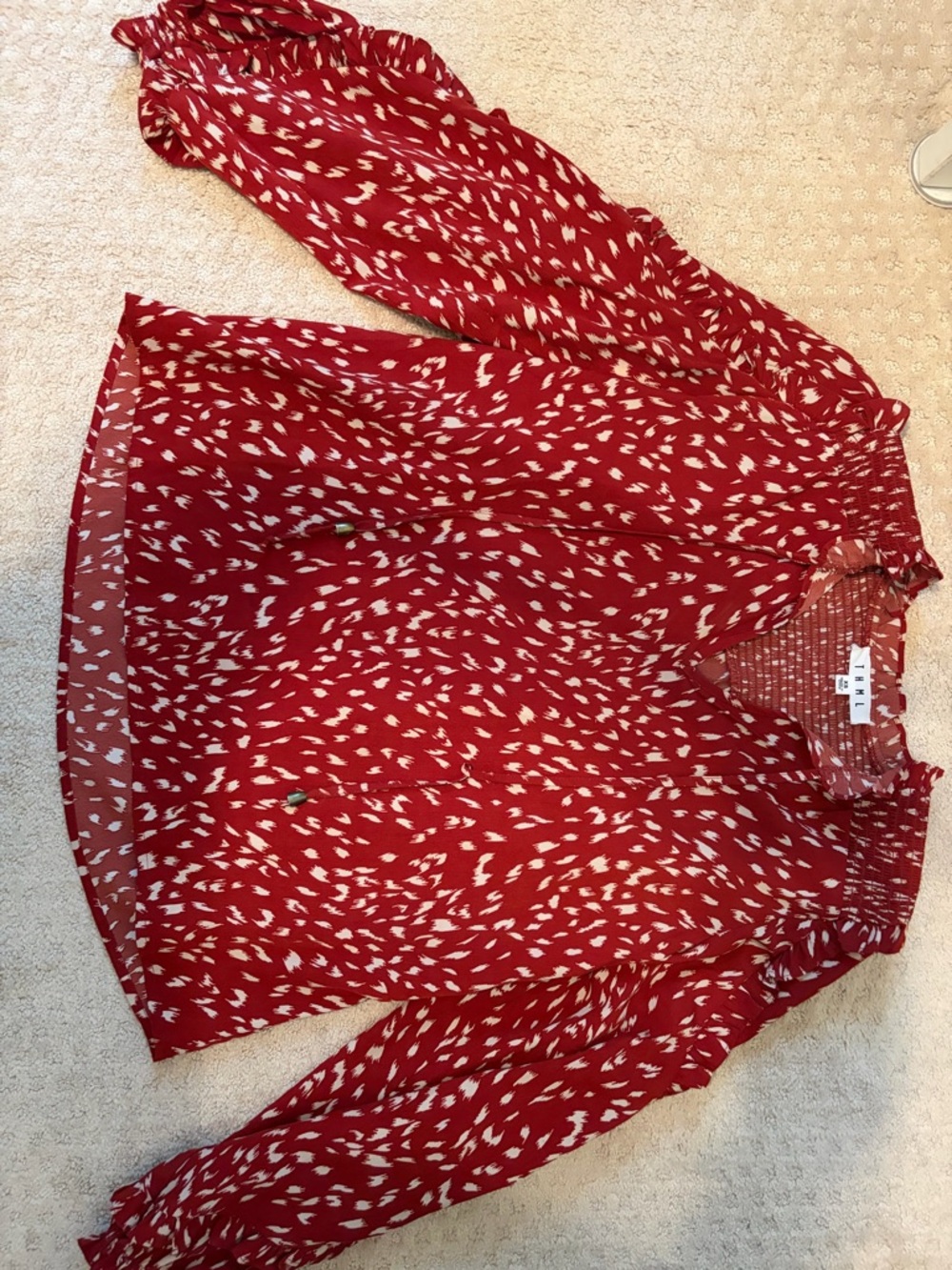 THML Red Printed Long-Sleeve Ruffle Neck Blouse
